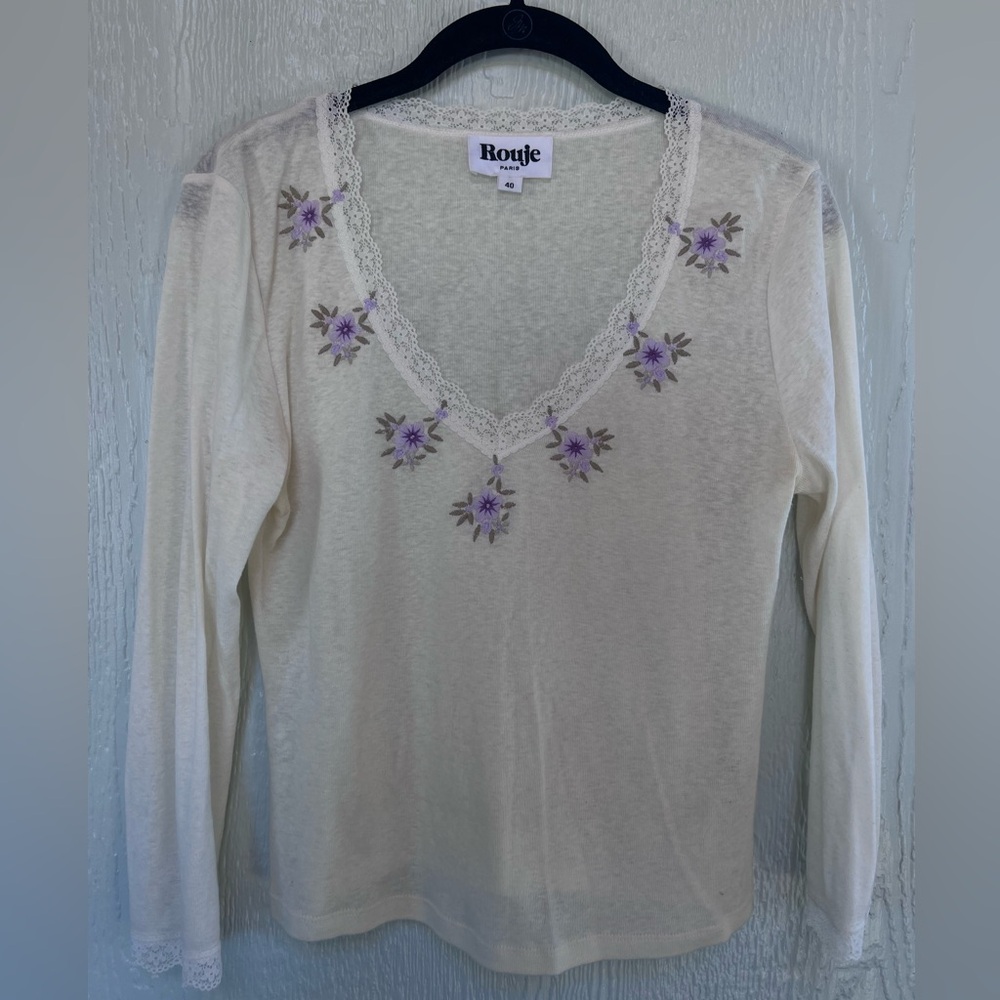 Rouje Ivory Top with Lavender Floral Embroidery